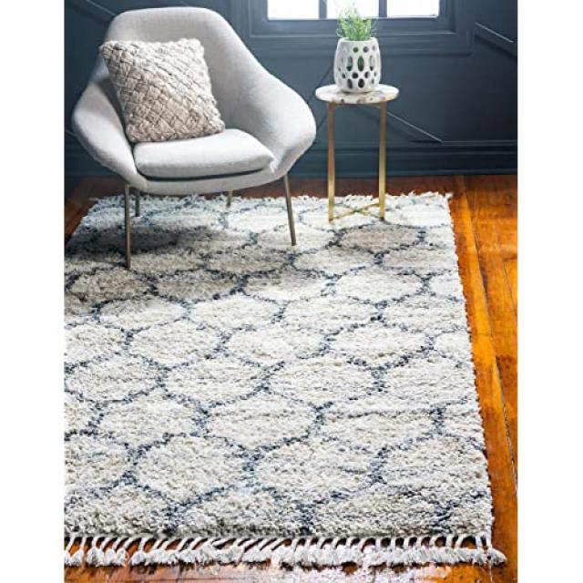 Hygge Shag Collection 모로코 격자 기하학 ぬいぐる 기분 좋고 아늑한 공간 rug_lag00 (8 x 10 Feet Rectangular Ivory／Gray), 본상품, 본상품