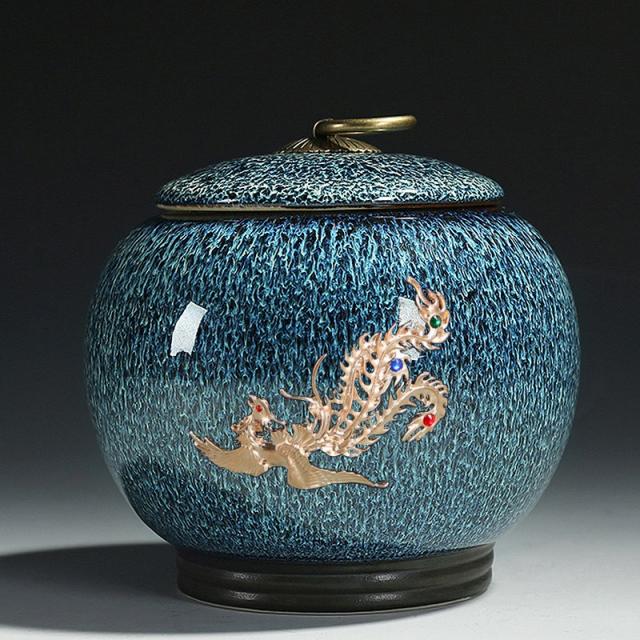 다관 요변유 도자기 큰사이즈 깨어나다 보관함 보이차 엽합 티 호떡통 소복 저장 다기 3160313139, 자기 뚜껑 천목 블루 (김봉채 )차