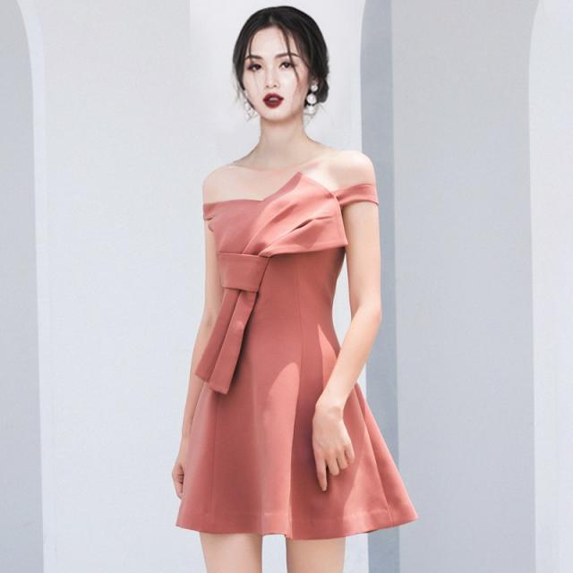 오프숄더 원피스 평소 작은 키 핑크 미니 드레스다 여성 봄옷 2022 여름 타입 나비넥타이 슬림핏 4593108520
