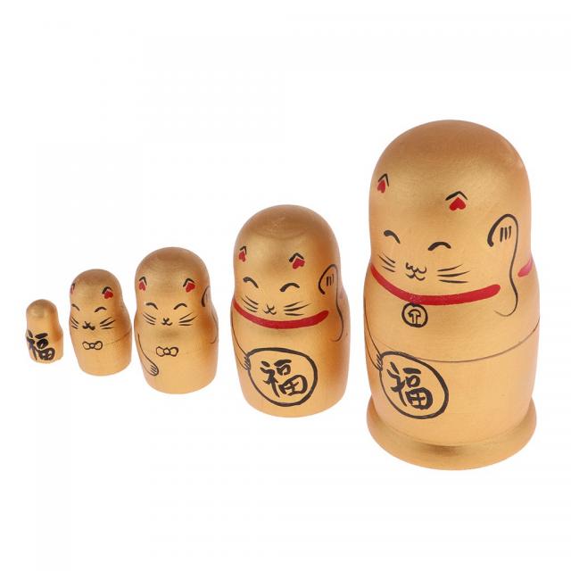STK5 조각 나무 Babushka 러시아어 중첩 인형 손으로 그린 ​​운이 고양이 골든