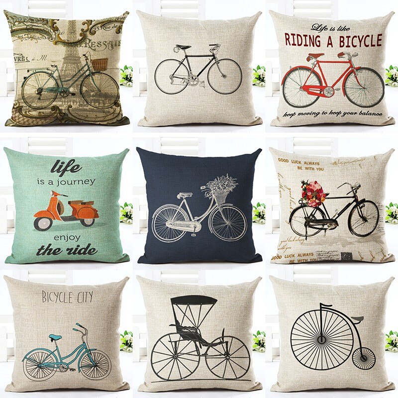 탑 패션 빈티지 싸구려 베개 쿠션 홈 장식 소파 다양한 자전거 인쇄 린넨 cuscino 광장 코지 almohadas, 1개, 7^0