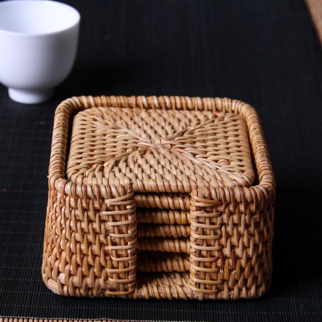 라탄테이블매트 컵받침 라탄 수공 티매트 식탁보 냄비받침대 아이디어 그릇받침패드 열차단받침대 화상방지 바닥쟁반 공부차 도, T04-라탄 정방형방석 세트포장-10센티미터 세트포장, 기본