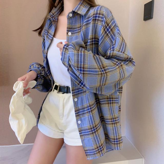 해외 가을 2020 새로운 한국 스타일 느슨한 디자인 틈새 시장 긴팔 격자 무늬 셔츠 여성복