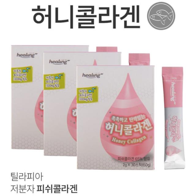 저분자 피쉬콜라겐 군내산 아카이사꿀 탄력있는 촉촉한 아미노산 생선콜라겐 어류콜라겐 틸라피아 펩타이드 젤라틴 간편한 콜라겐 가루 분말 파우더 마시는 삼키는, 1박스, 2gx30스틱