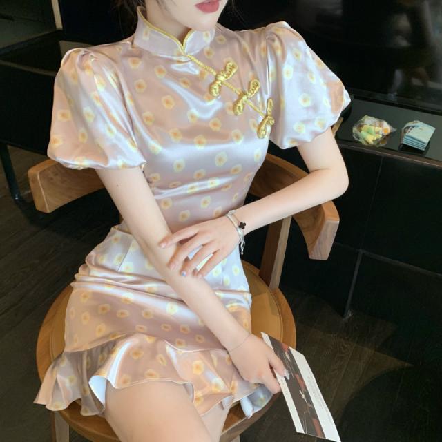로즈매더 새틴 원피스 실크 샤틴 신식 복고 개량판 치파오 자 름 프렌치