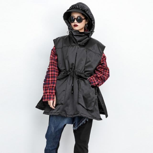 [해외]여성상의 > 베스트 여성상의 / 베스트 / CHICEVER 양복 대 한 여성 겨울 자켓 두건을 곁들인 지주 드로 스트링 레이스 업 배 앙 앙 암 Gilet 패션 옷 조 (배송비 및 관부가세포함가격)