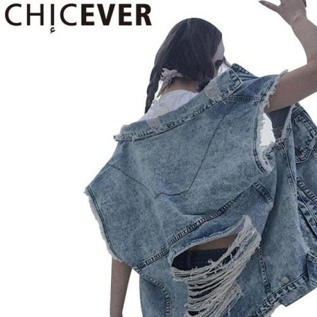 [해외]여성상의 > 베스트 여성상의 / 베스트 / CHICEVER 민소매 여성 조끼 코트로 할 때 겟 했어요 홀 데님 재킷 대 한 여성 등이없는 술 진 블루종 캐주얼 옷 플러스 사이즈 (배송비 및 관부가세포함가격)