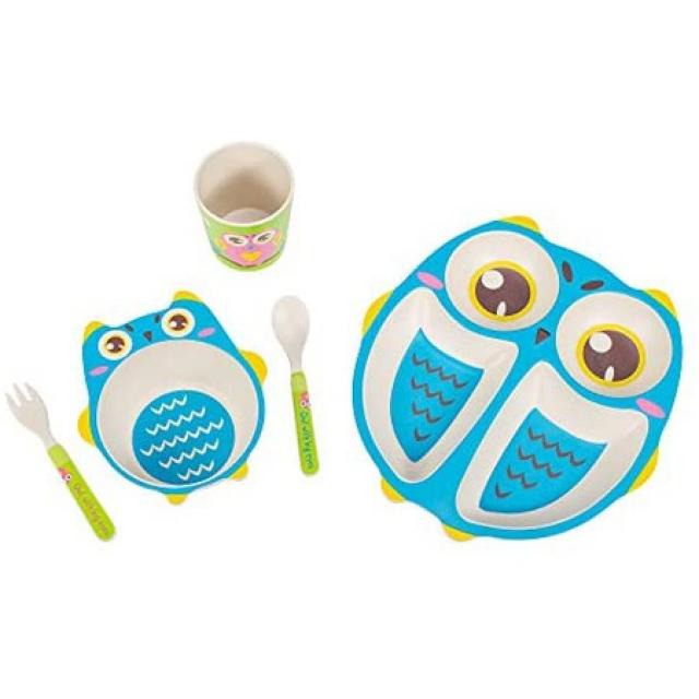 QTHINGS Bamboo Fiber Kid s BIG EYED OWL 식기 세트 : 재미 있고 공상적인 접시 그릇 컵 포크 및 숟, 상세 설명 참조0, 푸른