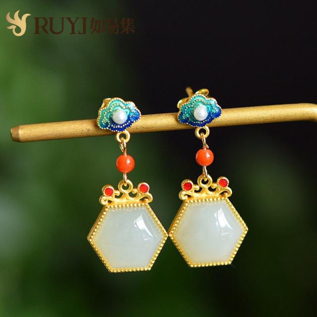 클래식 차이나 중국식 풍화 법랑채 봉황 드롭귀걸이 천연 화전옥 악세사리 여성