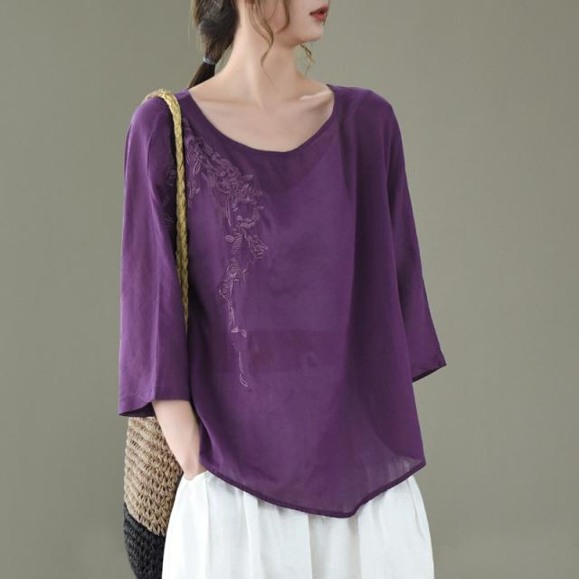 DIPYLON 미시여성 기본 반팔티 정원의 미의하 빈티지 자수 세모시 셔츠 라운드 반팔 얇은