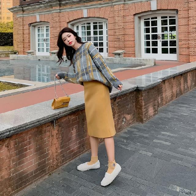 에세샵 가을 여자 행세를 함 어린 체함 키높다랗다 콤비 게으른기풍 스웨터 털실 스커트 커버