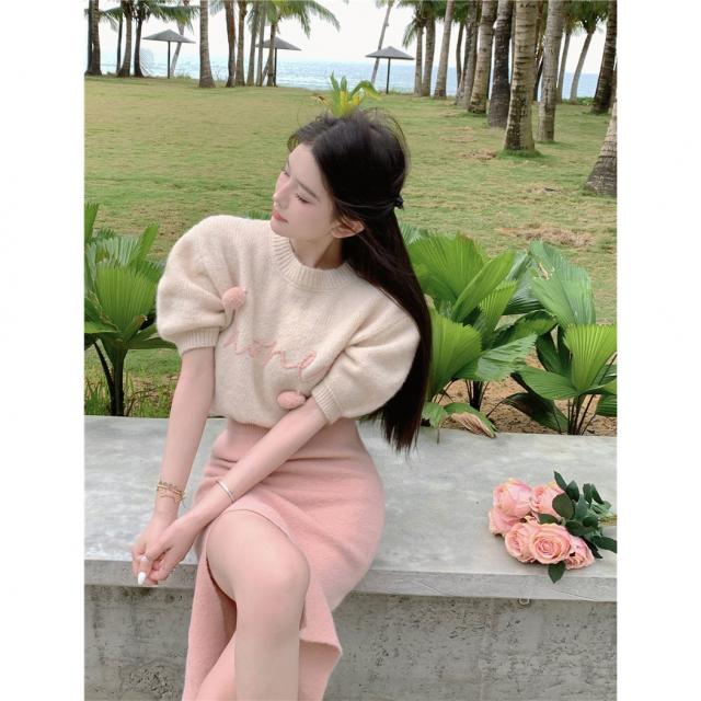 디자인 감각 퍼프 소매 니트 여 봄 신상 부드럽다 바람 라운드 칼라 짧다 선명하다 저고리 r21a