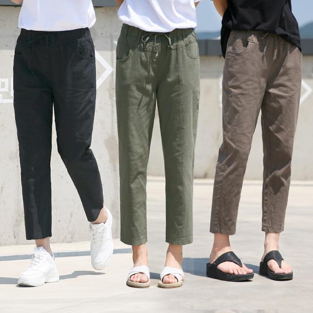 동대문스타일 여성용 OB 면마 8부 통일자핏 스판 밴딩 팬츠