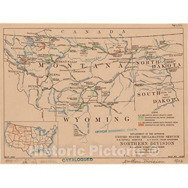 NMT 역사적인 그림지도 : 미국 1912 년 서부 미국 내륙부 미국 매립 서비스 북부 사단지도 번호. 1408 [44in x 33in] - P026307Y51MPDH1, 44in x 33in