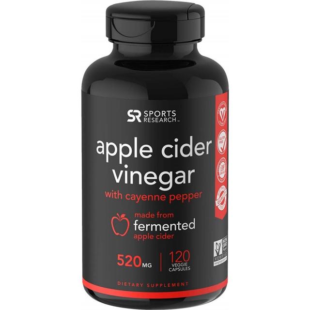 스포츠 리서치 사과 식초 애플 사이다 비네거 120 베지캡 Sports Research Organic Apple Cider Vinegar with Cayenne Pepper | Non-GMO Project Verified & Vegan, 1set