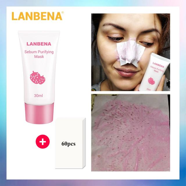 Lanbena 딸기 블랙 헤드 리무버 코 마스크 진흙 모공 스트립 블랙 마스크 껍질 벗기기 마스크 여드름 치료 코 껍질 마스크, 단일상품