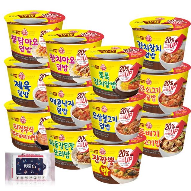 오뚜기 컵밥 증량up! 12종 김치참치+톡톡+참치마요+불닭마요+얼큰쇠고기+매콤낙지+제육+오삼+뚝불+진짬뽕+차돌+부대찌개 + 블루존물티슈 1세트