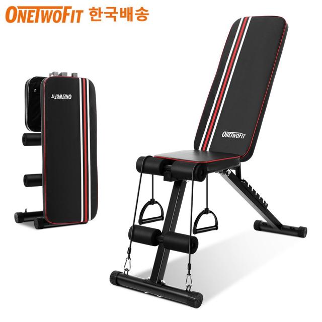 OneTwoFit 멀티 인디클라인 벤치 벤치의자 각도조절벤치 헬스벤치 + 튜빙밴드, 블랙&레드