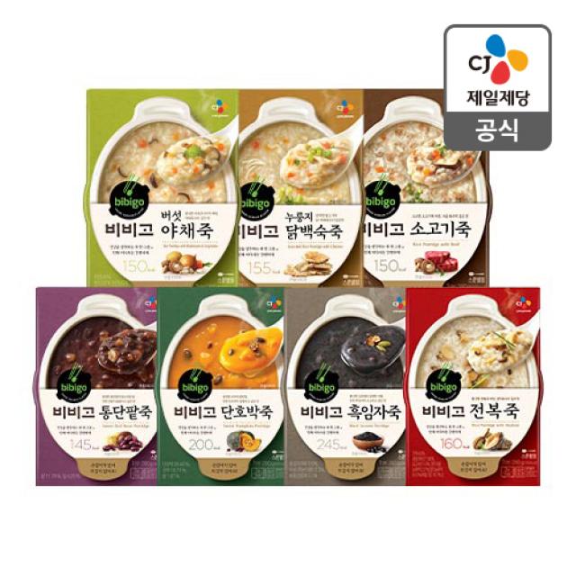 (상온)[비비고]죽280g/7종세트/소고기 버섯야채 전복 누룽지닭백숙죽 단호박 통단팥 흑임자, 7개