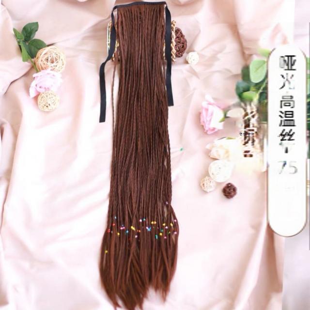 오물머리 가발 땋은 머리 가발 포니테일 여 에스닉 클래식 무대 리본식 오물머리 가발머리 연출, 라이트브라운_75센티