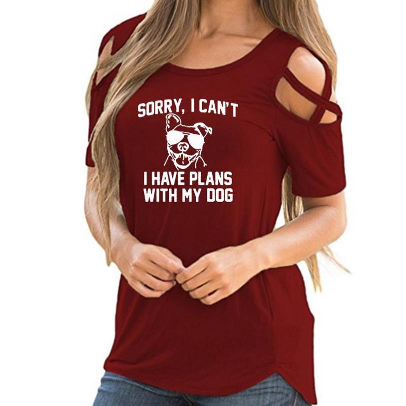 여성용 t 셔츠 미안 해요 나는 내 강아지와 함께 계획을 가지고 있습니다 편지 인쇄 붕대 오프 어깨 t 셔츠 여성 플러스 사이즈 하라주쿠