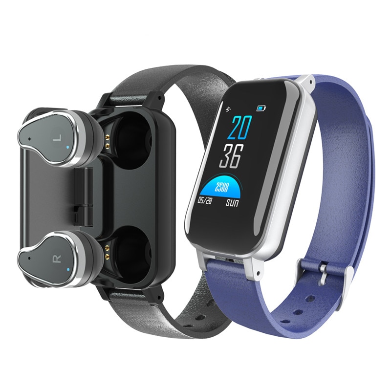 새로운 t89 tws 똑똑한 binaural bluetooth 헤드폰 적당 팔찌 심박수 감시자 똑똑한 팔찌 smartwatch 남자 선물, 1개, 블랙