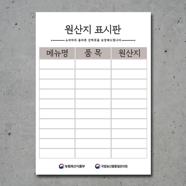 배너마켓 원산지표시판 방수 A3 사이즈 식당 업소용, 1개, 디자인_01_포맥스3T