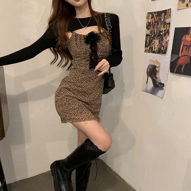 가을 하이웨스트 프렌치시크 숏 섹시 미녀 레오파드 레이스 허리보정 스판 볼트무늬 니트 피어갓셔츠 여성