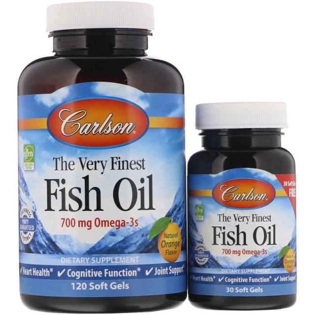 칼슨 랩 Carlson Labs 베리 파이니스트 피쉬 오일(Very Finest Fish Oil) 천연 오렌지 맛 소프트젤 120 + 30 알, 150개, 1개