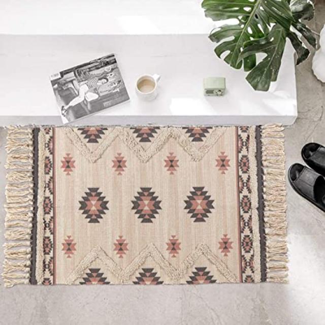 Tufted Cotton Area Rug 2 'x 3' 짠된 프린지 던지기 러그 인쇄 술 러그 카펫 현대 남서쪽 환영 문 매트 기계 세탁 가능한 바닥 주방 욕실 거실 용 러그 러그, 본상품