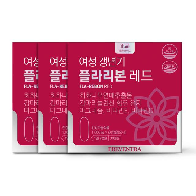 프리벤트라 여성갱년기 플라리본 레드 1000mg x 60캡슐 / 회화나무열매추출물 달맞이꽃종자유 보라지유 마그네슘, 3개