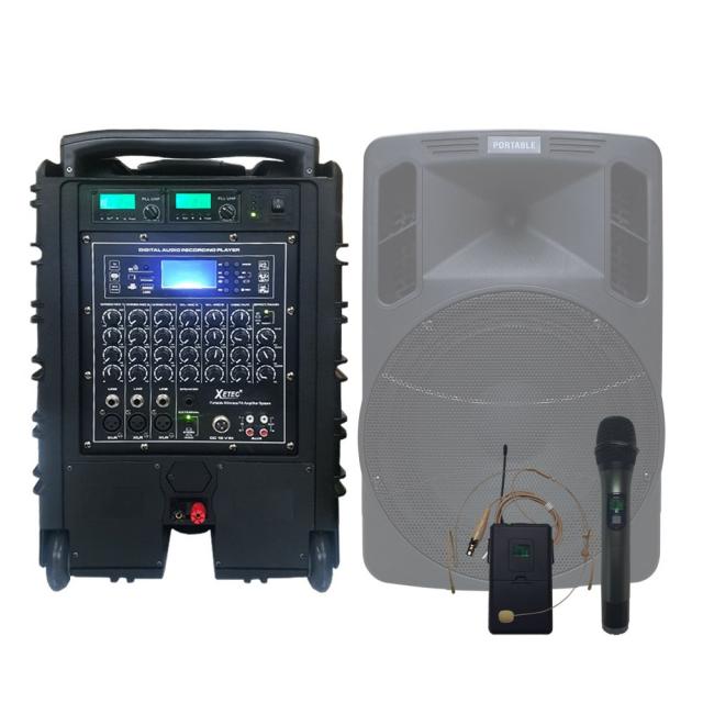 세텍코리아 EV-8510N 700W 충전식 이동식앰프스피커 6채널믹서내장 USB 블루투스지원 고출력앰프 나라장터등록제품 야외운동장출력사이즈앰프 행사용 공연용 강연용 버스킹용, 앰프+무선핸드1개+무선헤드1개
