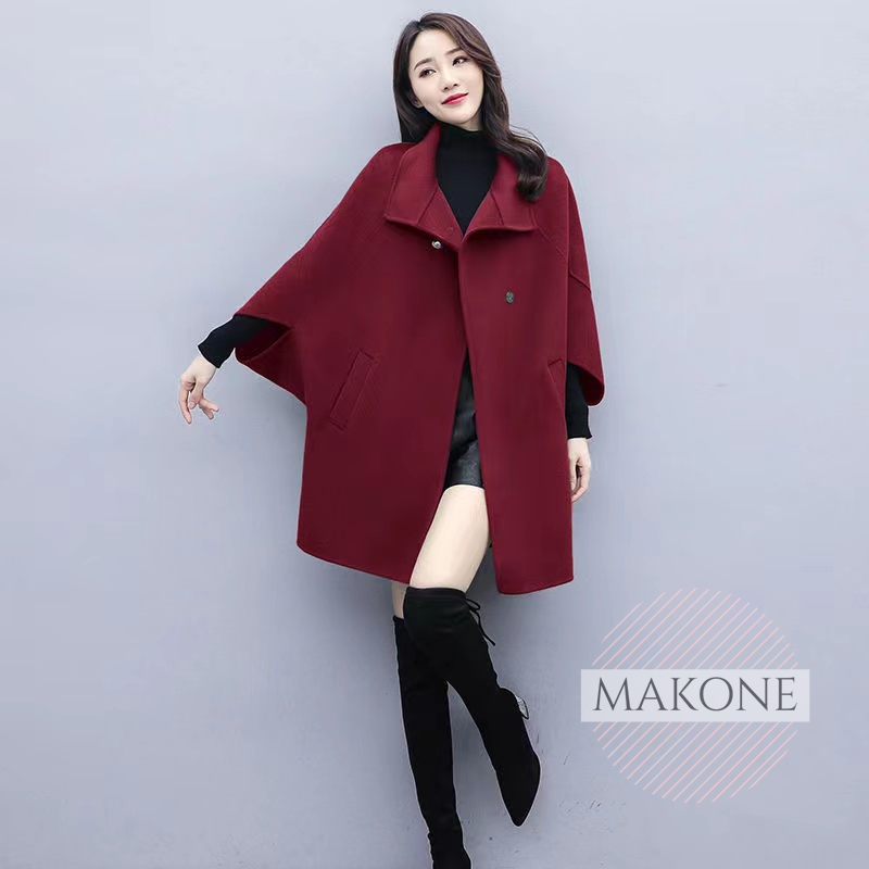 Makone 상표등록 망토 모직 코트 여성 가을과 겨울 새로운 두꺼운 패션 기질 한국 버전 박쥐 소매 긴 코트 조수