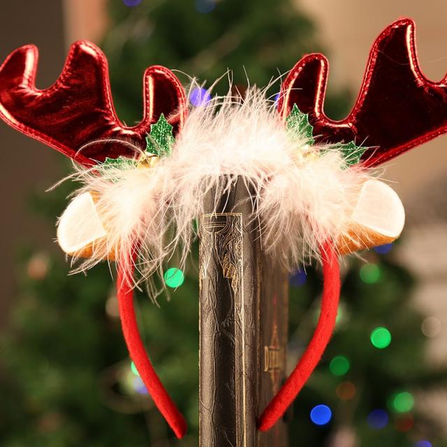 노멜스토어 크리스마스파티꾸미기 장식 기프트 성탄 반다나 헤어밴드 터번 모자 머리띠 독창적 헤어액세서리 노인 눈 인모 겹, 레드 사슴뿔 반다나 헤어밴드 터번