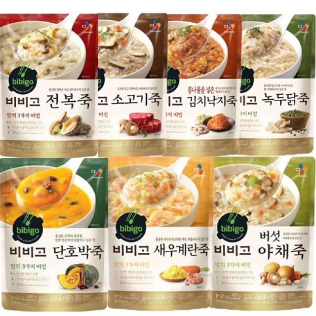 Hj마켓 Cj 비비고 죽7종450g 녹두닭죽+김치낙지죽+소고기죽+전복죽+버섯야채죽+단호박죽+새우계란죽 1세트 1개