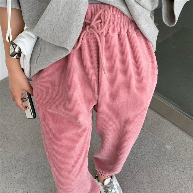 복고등 코르덴 조거팬츠 여성 밴딩웨스트 스트랩 드롭 드레이프 작은 키 캐쥬얼 운동 바지