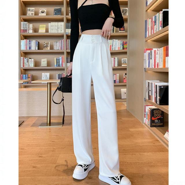 DFMEI.Wide pants.-아이스 와이드 팬츠 여 얇은 하이웨이스트 늘어짐 날씬해 보이는 배 몸매 고급감 일자 정장바지