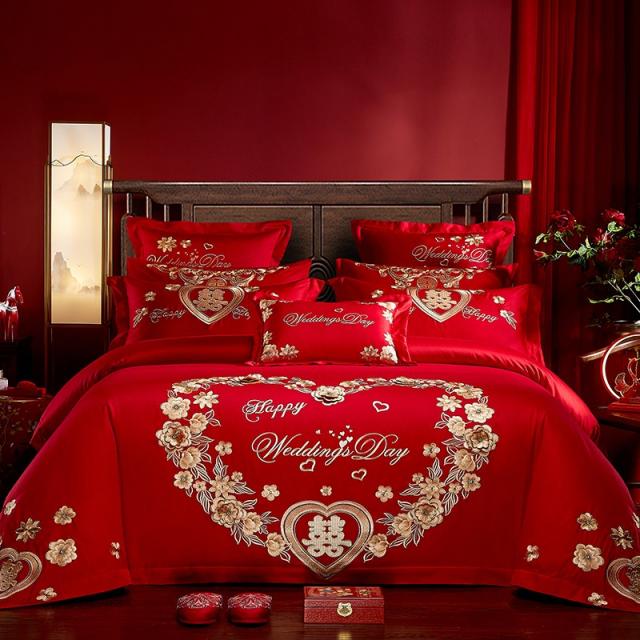 순면이불세트 수성 가방 결혼기념일 4종 진홍 색 축하 이불커버 건 코튼 꽃자수 침구류 4765876014, 사랑을 향해 출발하다