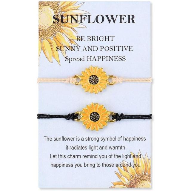 VU100 Boho 해바라기 우정 소원 BFF 팔찌 2 여성 십대 소녀 딸 엄마 수제 조정 가능한 문자열 짠 코드 자매 여자 친구 가장 친