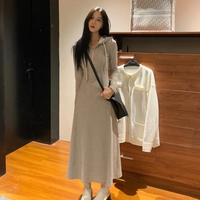 2022년 가을 여70 아니 칠십 오트밀 라떼 롱 쇼트 투피스 니트 후드집업 원피스