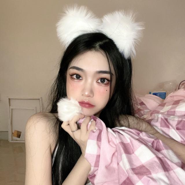 퍼니블럭&까페 슈퍼크립흑색 반다나 헤어밴드 터번 머리띠 화이트 솜털공 귀 헤어액세서리 COS 카메라 머리집게 고용인 여우