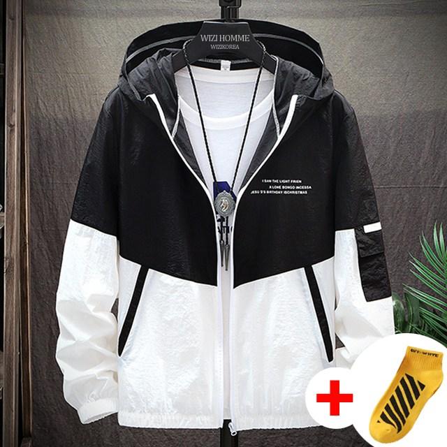 위즈아이 V절개 여름 바람막이 점퍼 후드 집업 자켓 WI028J+국내발송+양말증정, 블랙
