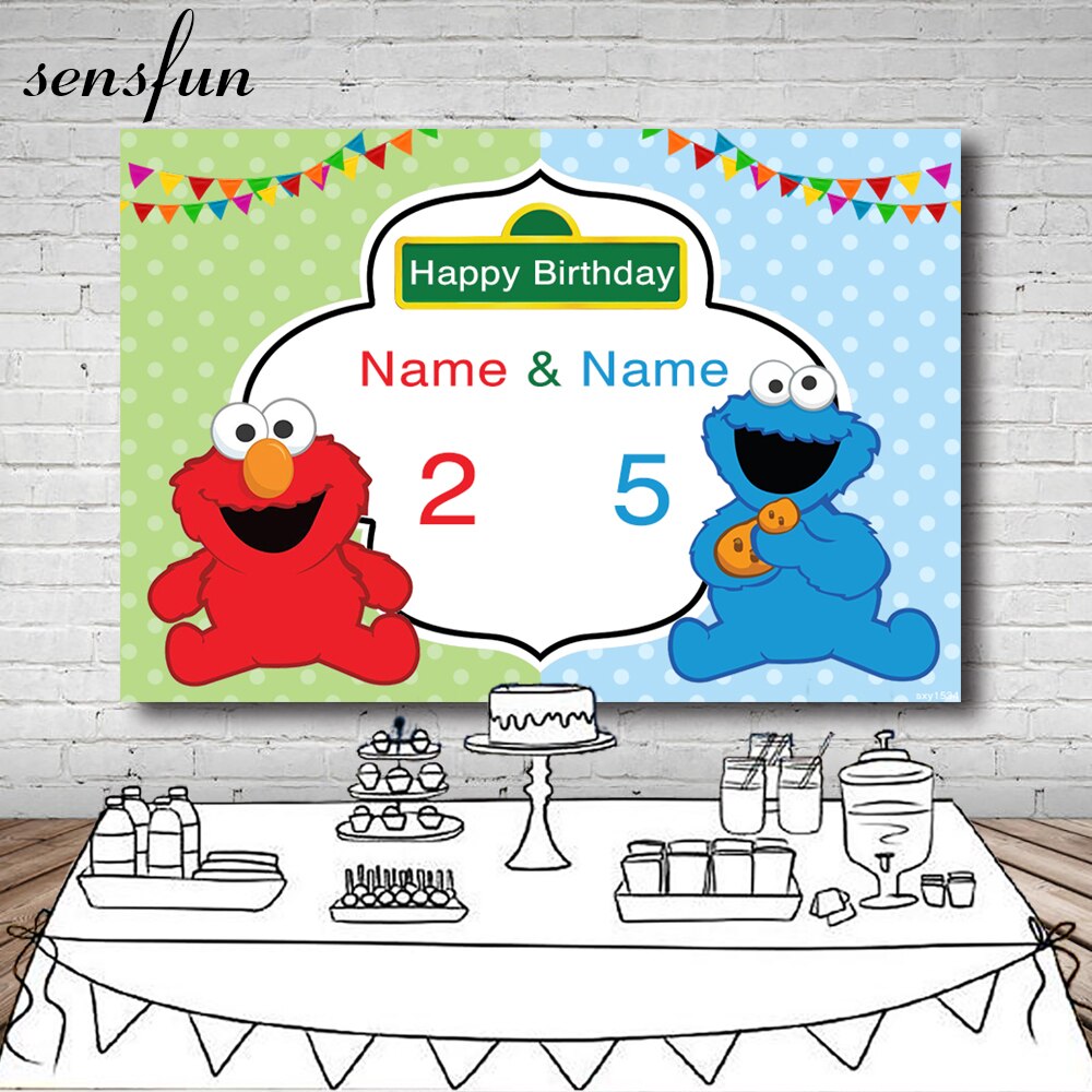 Sensfun 엘모 월드 그린 블루 세서미 스트리트 멧새 쌍둥이 생일 파티 사진 스튜디오 배경 배경 비닐 7x5ft, Vinyl 150x125cm