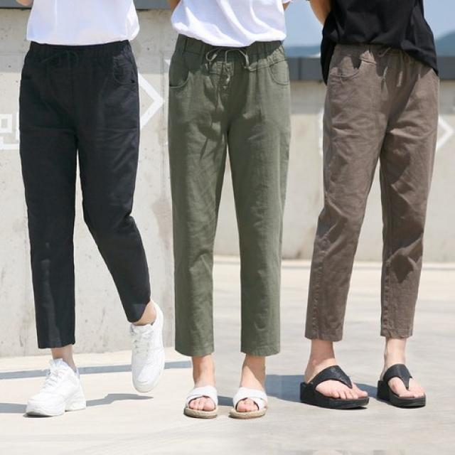 동대문스타일 여성용 OB 면마 8부 통일자핏 스판 밴딩 팬츠
