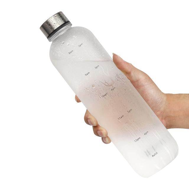 MYEEDA 타임 마커 워터 병 물병 1 리터 병 1000ml 스테인레스 스틸 뚜껑 메모리 병 그라데이션 + 광택 healthish 스포츠 음료 물 1l 워터 병 유행 야외 물통 정기적이고 건강한 수분 섭취 (화이트.)