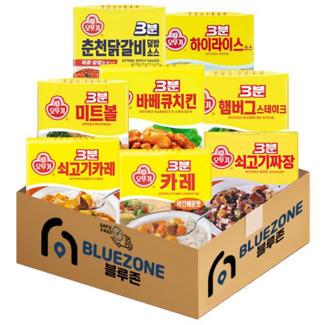 [블루존]오뚜기 3분소스 8종(쇠고기카레+쇠고기짜장+카레 약간매운맛+햄버그스테이크+미트볼+춘천닭갈비소스+하이라이스소스+바베큐치킨), 1세트