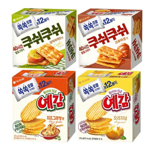 오리온 쿠쉬쿠쉬 갈릭바게트맛 196.8g+크루아상맛 196.8g+예감 오리지널 192g+치즈그라탕 204g[총4개] 무료배송, 1set