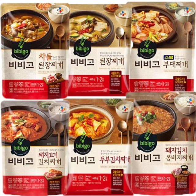 hj마켓 CJ 비비고 즉석 찌개6종(스팸부대찌개+차돌된장찌개+돼지고기 김치찌개+두부김치찌개+돼지김치 콩비지찌개+된장찌개) 1세트, 1세트