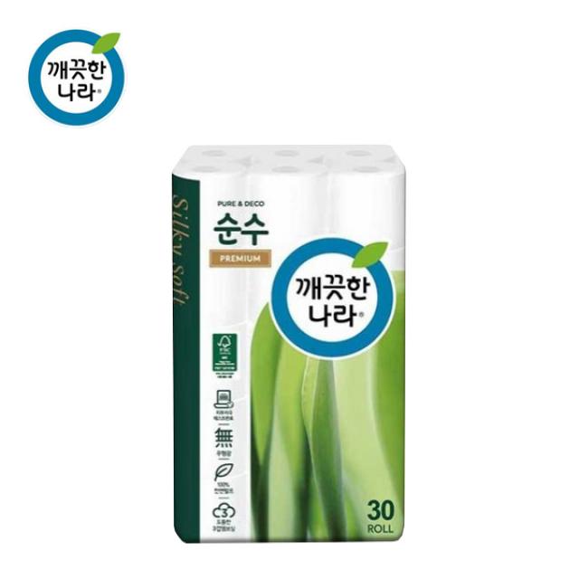 무료배송 깨끗한나라 순수 프리미엄 천연펄프 3겹데코 롤화장지(30mx30롤) 롤화장지, 1팩