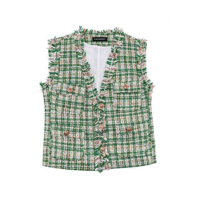 Nov.18 55번 베스트 코트 여 추동년신상 체크 와이드핏에 V넥 퍼 트리밍Z